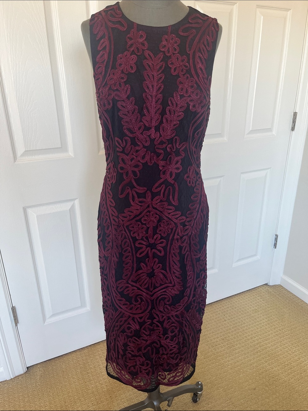 JS Collections Designer Sleeveless Burgundy Embroidered Midi Dress- Retail $300